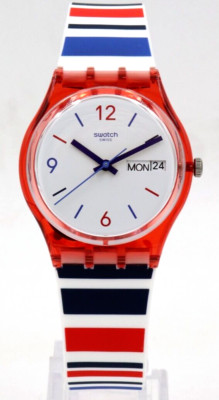 New Swiss Swatch ESSENTIALS SEA BARCODE Silicone Day-Date Watch 34mm GR712 $75