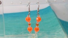 Silver Hook Earrings with Dangling Orange Beads Clear Beads
