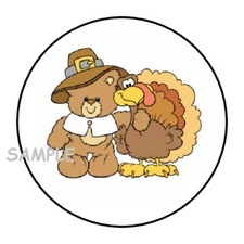 30 CUTE THANKSGIVING TEDDY BEAR & TURKEY ENVELOPE SEALS LABELS STICKERS 1.5" 
