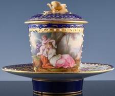 EX.RARE c1755 SEVRES FRENCH PORCELAIN BLEU LAPIS LANDSCAPE LIDDED CUP SAUCER