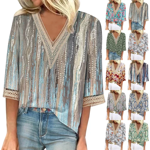 Damen Freizeit Boho Blumen V-Ausschnitt 3/4 Ärmel lose Blusen Shirts Sommer Tops - Bild 2 von 25