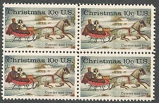 US. 1551. "The Road-Winter" by Currier & Ives. Christmas. Block of 4. MNH. 1974