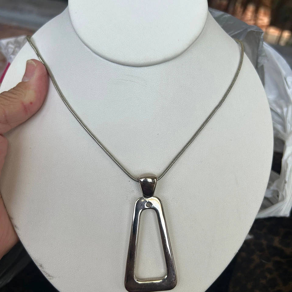 Modern Silver Tone Geometric Bar Pendant Snake Chain Necklace - Image 2 of 4