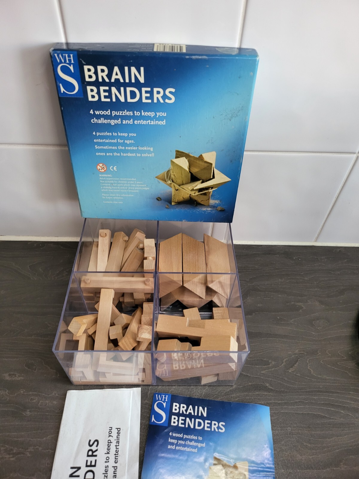 Wooden Puzzle Set Strategy WH Smith Brain Bender 4 In Hard Plastic Case