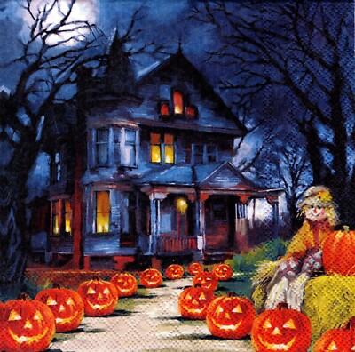 (2) Two Paper Lunch Napkins for Decoupage/Mixed Media - Spooky (house Halloween)