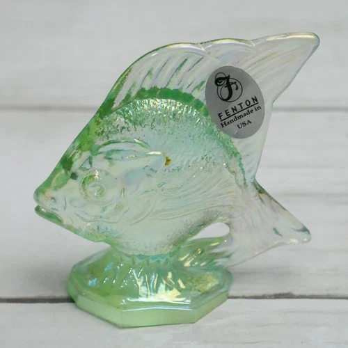 Vintage Fenton Green Iridescent Carnival Glass Sun Fish Figurine Made In USA