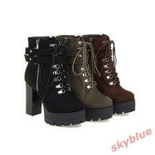 Women's Faux Suede Punk Shoes Platform High Block Heels Strap Zipper Ankle Boots