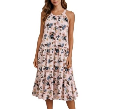 NEW LOFT Pink Floral Sleeveless Halter Swing Sundress Summer Dress Womens 14 