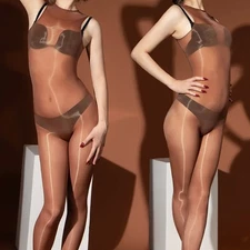 Womens Sleeveless Oil Shiny Glossy Bodysuit Jumpsuit Body Pantyhose Bodystocking