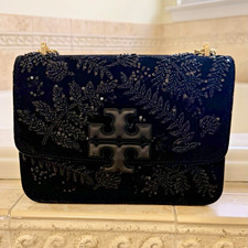 Tory Burch Black Floral Embroidered Shoulder Bag Gold Chain, Magnetic Flap