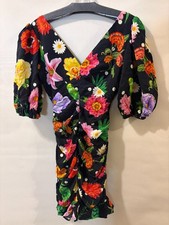 Farm Rio Floral Parrot V Neck Puff Sleeve Mini Dress Ruched Black Pink Red Sz P