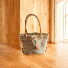 Vtg Dooney & Bourke Small Tulip Tassel Tote Canvas  Leather Double Handle loc8