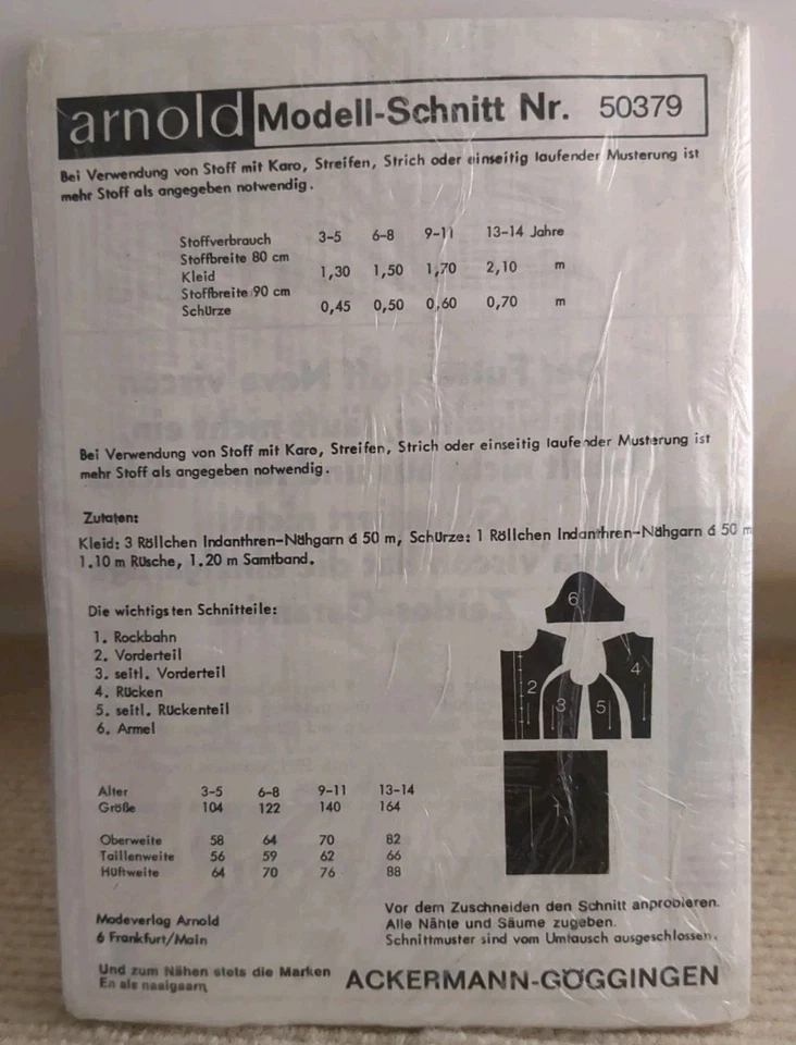 Neue Mode Arnold 50379 German Dirndl Girls Ages 3-14 UNCUT SEALED - Image 2 of 4