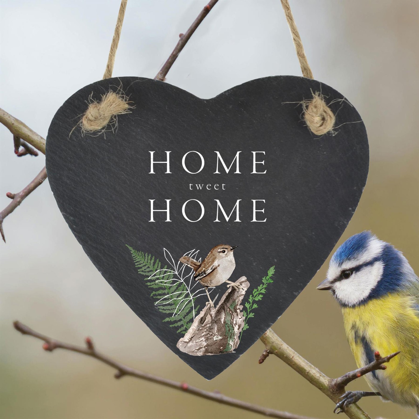 Home Tweet Home Wren Bird In Garden on Slate Heart Hanging Plaque