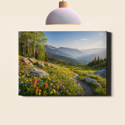 Mountain Valley Wildflower Meadow Framed Canvas Wall Art 24x16inch