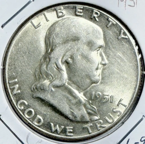1951-P Franklin Silver Half Dollar - AU / BU - Free Shipping USA - (6-9)