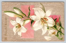 Antique 1909 Easter Postcard Embossed White Lilies Pink Cross Germany