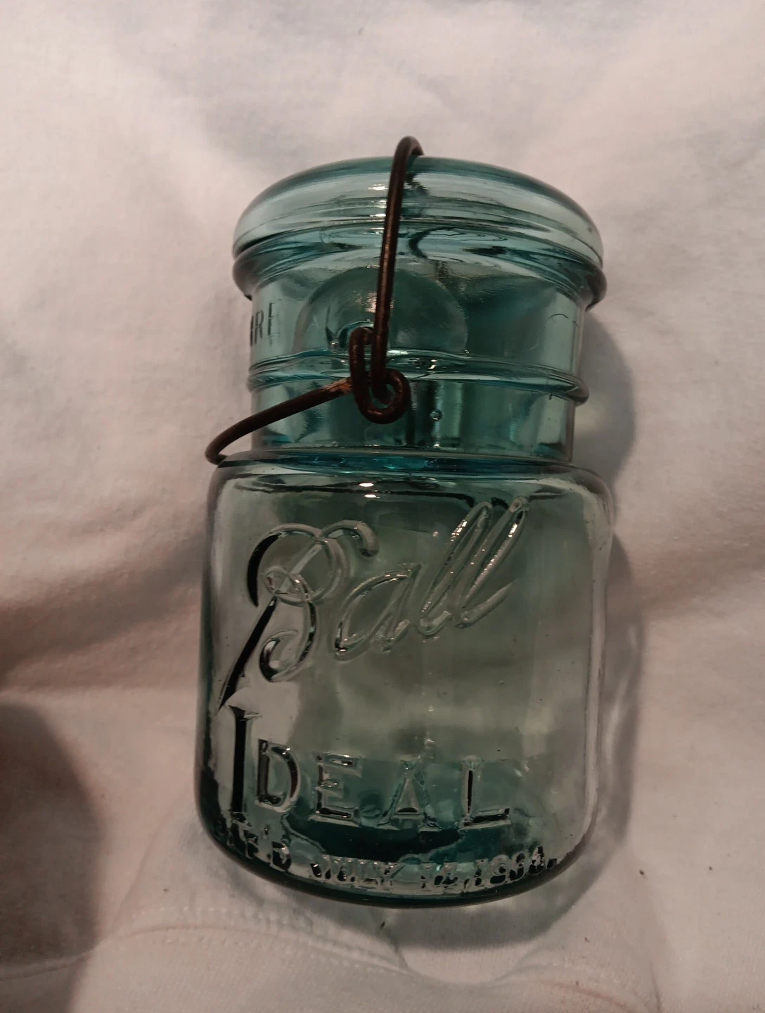 BEAUTIFUL 5" Vintage Ball Ideal JULY 14 1908 Pint Jar #3 CLEAR BLUE GLASS + LID