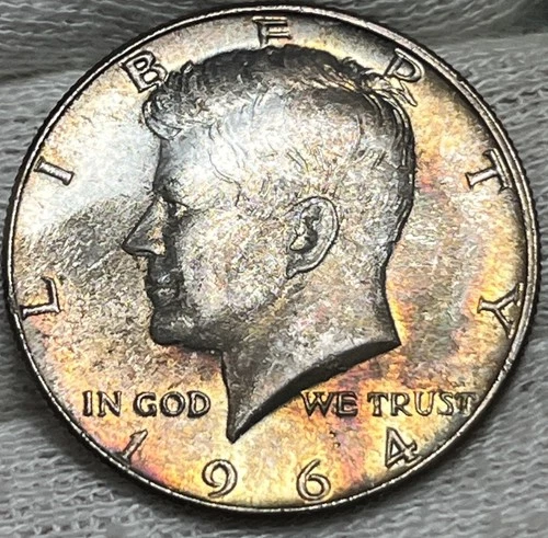 1964 Kennedy Half Dollar 90% Silver Rainbow Toning Both Sides Uncirculated #001