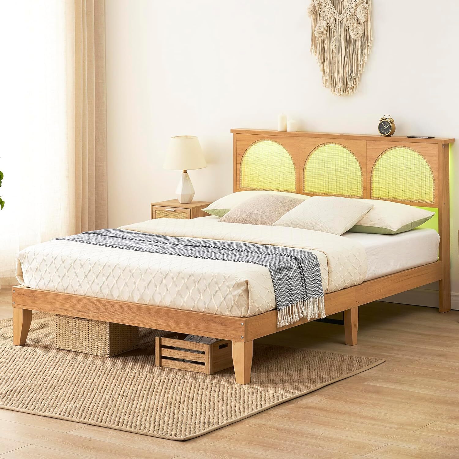 Bed Frame Platform Full/Queen Size with Rattan Headboard No Box Spring Needed-image