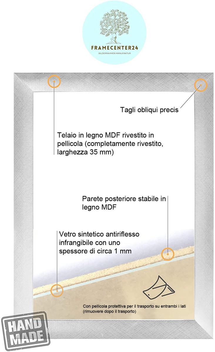 Cornice Su Misura ByMoris 23x33 Cm - Legno MDF Con Vetro Acrilico Antiriflesso - Colore Oro Sfumato