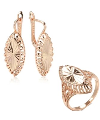 Damen Schmuck Set 585 Roségold Plattiert – Ohrringe + Ring, Größen 54,55,57, Hochzeit, Jahrestag, Bohemien