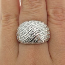 925 Sterling Silver Real Round-Cut Diamond Wavy Dome Ring Size 8