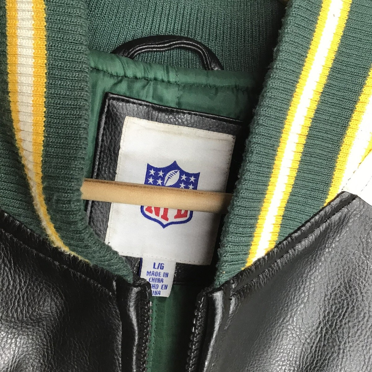 Nfl green bay packers full zip faux leather polyvinyl bomber