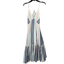 En Creme Maxi Dress Small White Blue Pink Striped Gauze Beach Boho Crochet