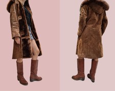 Vintage Penny Lane Suede Leather Coat Fur Lined S M Hood Hippie Boho Shearling