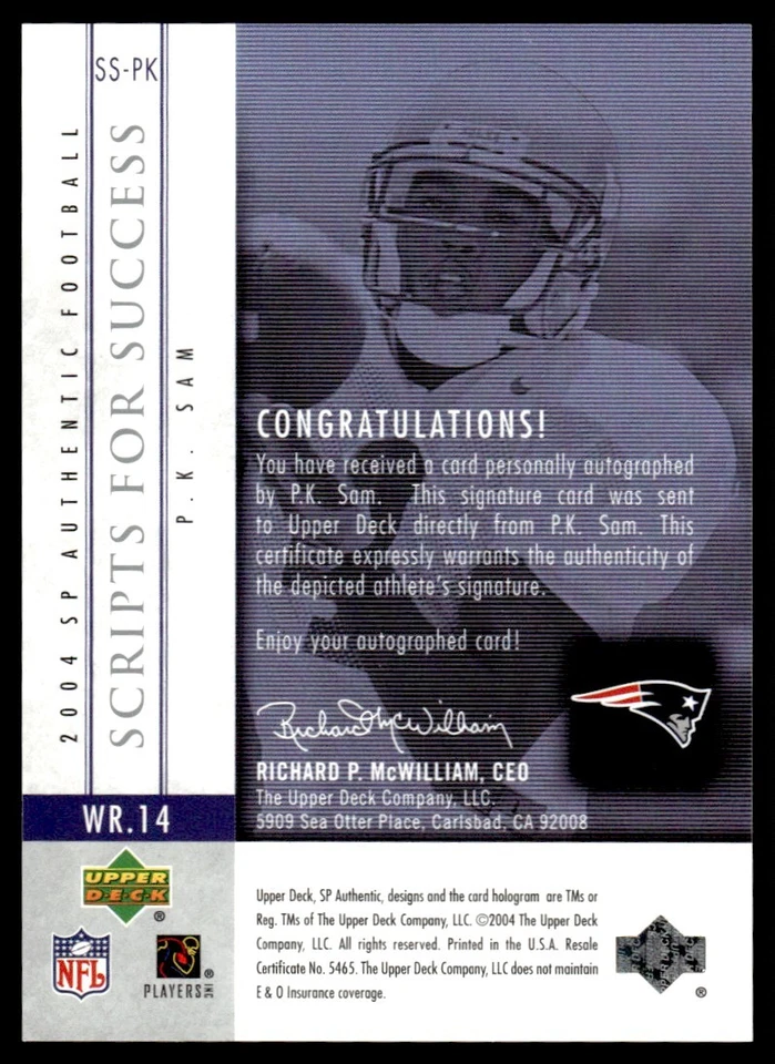 2004 SP Authentic Scripts for Success Auto P.K. Sam Auto #SS-PK - Image 2 of 2