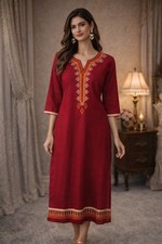 Maroon red Embroidered midi side splits cotton Dress summer boho tribal size 6