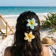 2Pcs Plumeria Flower Hair Claw Clips Blue Yellow Tropical Hair Jaw Clips