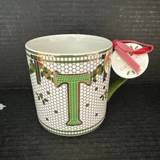 Anthropologie Festive Bistro Tile Mug T Monogram NIB
