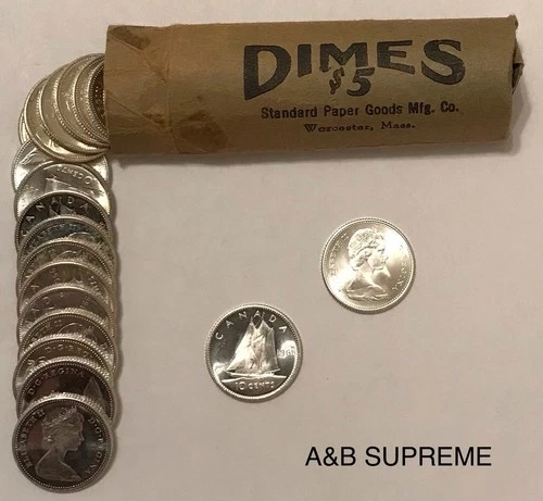 (1) 1920-1967 Canada Dime Ten Cents From Obw Roll Choice Gem Bu Unc. 80% Silver