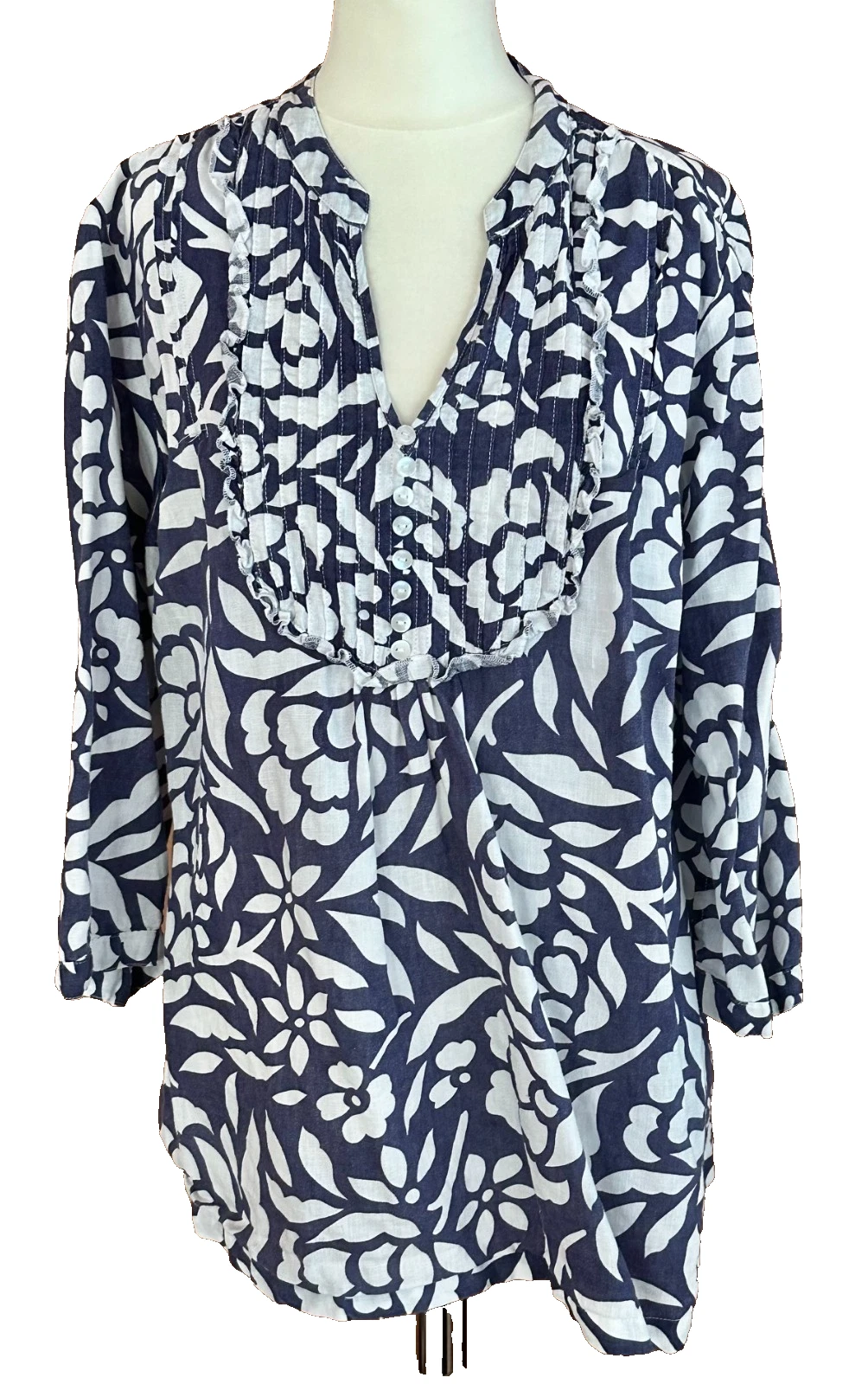 Marks & Spencer Navy Blue/White 100% Linen Blouse Tunic Shirt Top Size 22