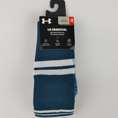 3 Pack Under Armour Essential Lightweight Mid-Crew Socks Size W 6-9 Blue Teal