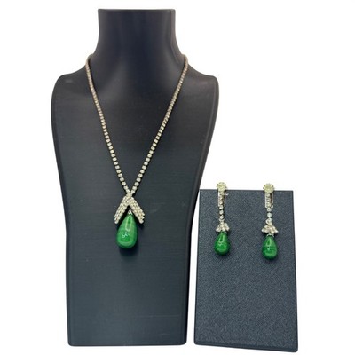 Vintage Signed Kramer Green Faux Jade Teardrop Necklace Earrings Set Rhinestones