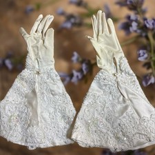 Bridal Lot: White Satin and Pearl Gauntlet Gloves, Bow, Givenchy Satin Handbag