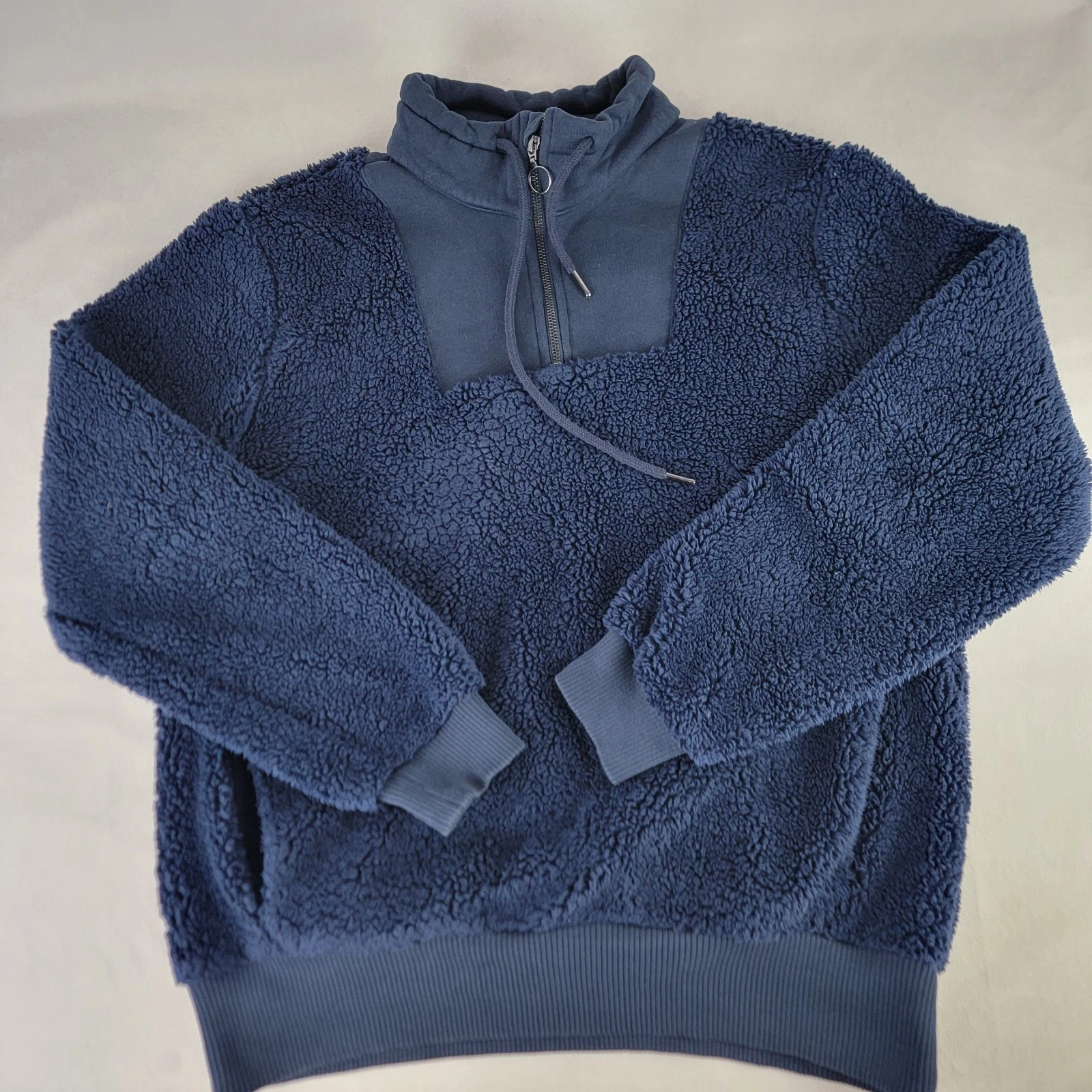 sweaty-betty 1/4 zip fleece sherpa pullover drawstring cozy yoga hoodie