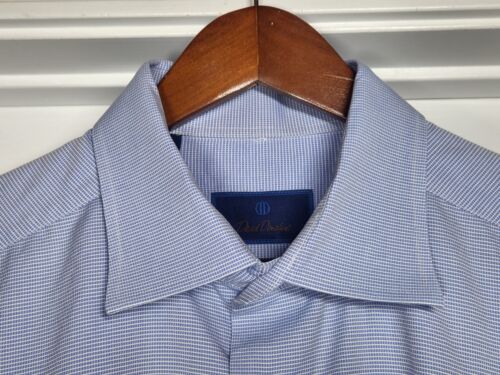 DAVID DONAHUE 17.5-36/37 Trim Fit Blue Geometric Check 100% Cotton Dress Shirt