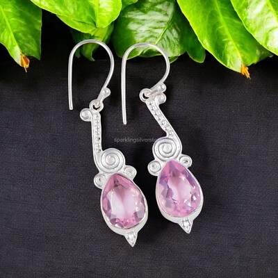 Natural Kunzite WomenSilverJewlery Wedding Drop Dangle Bezel Earrings 925 Silver