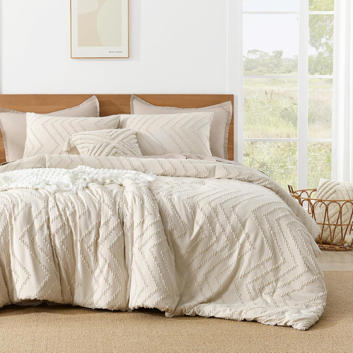 Beige King Size Comforter Set, 3-Piece Lightweight Tufted Bedding All Season - Bild 6 von 8