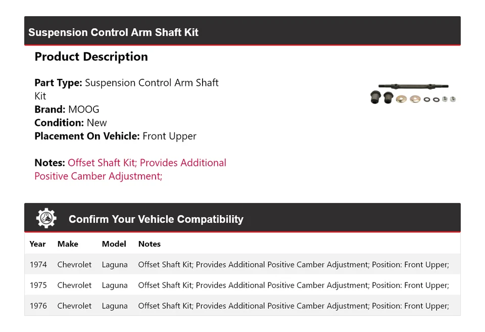 Kit de brazo de control de suspensión delantero superior MOOG para Chevrolet Laguna 1974-1976 Foto 2 de 4