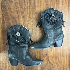 Vintage Black Leather Fringe Dingo Cowboy Western Or Biker Boots Box Black 8.5