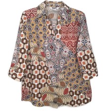 Alia Sport Womens Blouse Size 8 3/4 Sleeve Button Front V-Neck Multicolor