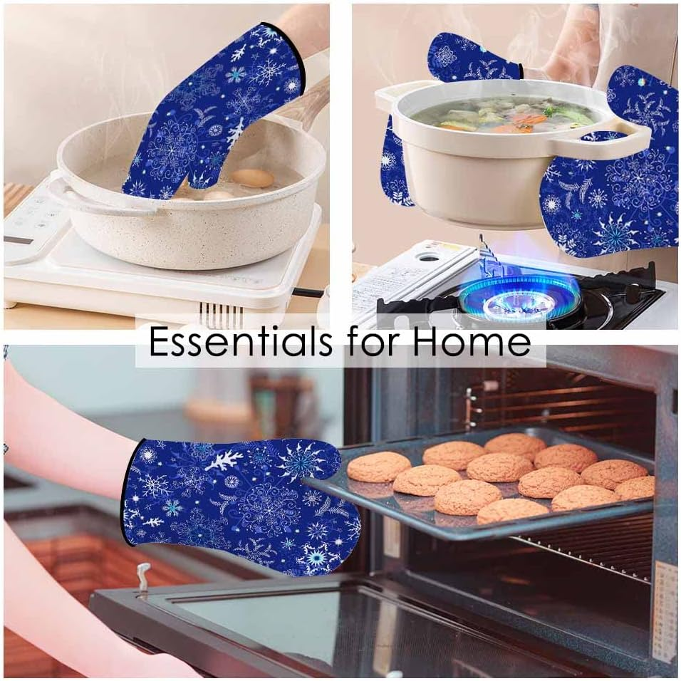 Blue Snowflake Oven Mitts and Pot Holders Set 3Pcs for Cooking and