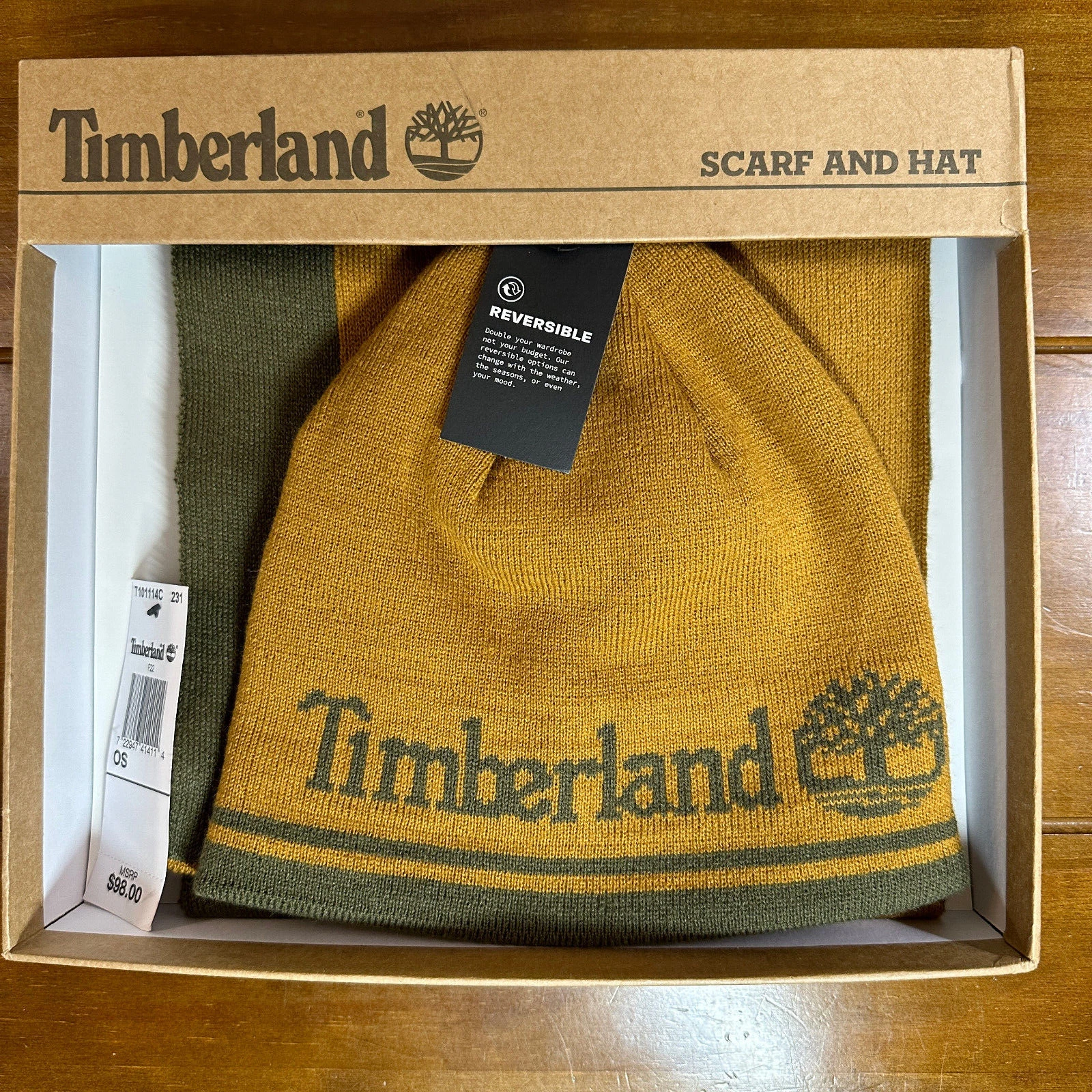 New Timberland Reversible Knit Hat Scarf Logo Jacquard Camel Tan Gift Box Set