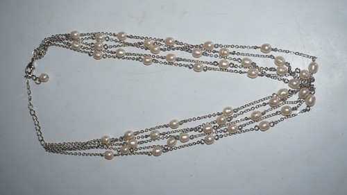Silver Tone Natural Pearl 5 Strand Necklace 21" - 第 6/6 張圖片