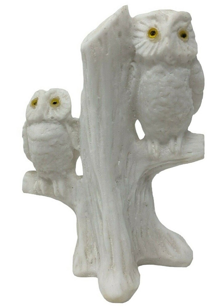 Vintage Pair Of White Owls On Tree Salt Stone Figurine Made In Italy Yellow Eyes